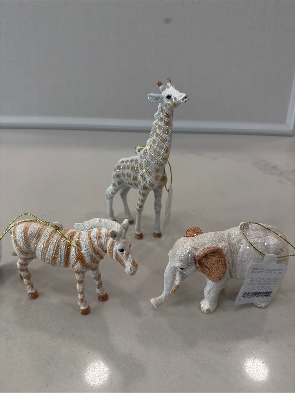 Holiday Animal Ornament Set - White and Gold Zebra, Giraffe, Elephant